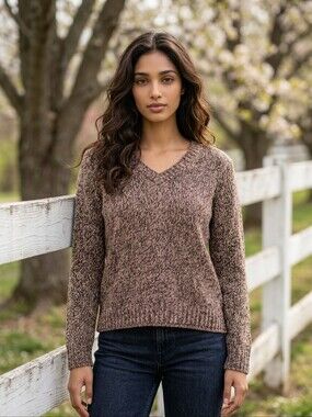 White Stag Women's V-Neck Heathered Brown Sweater
